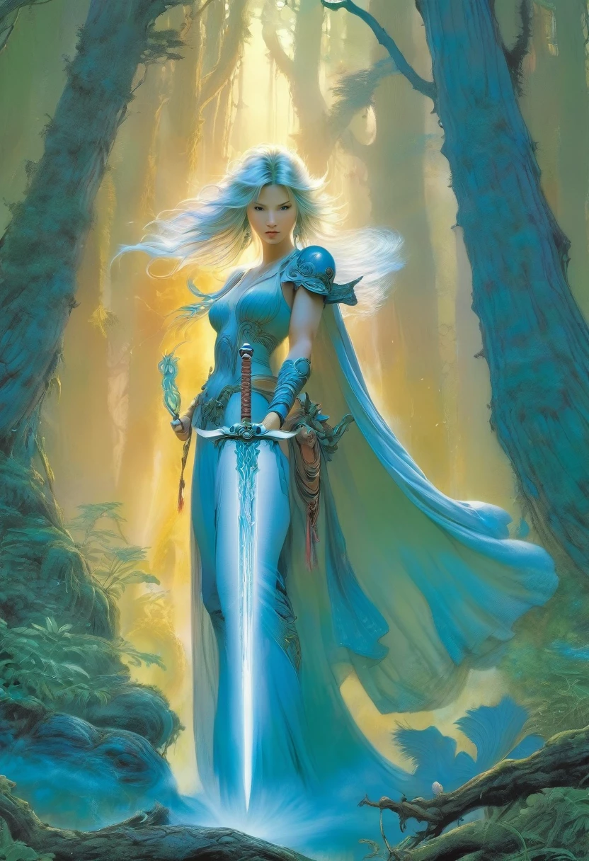 best quality,4k,8k,highres,masterpiece:1.2,ultra-detailed,realistic:1.37, A female spellblade wielding a translucent blue sword is accompanied by a guardian spirit. The sword hungers for souls as it glows with ethereal energy. The woman is protected by the guardian spirit, which emanates a comforting and powerful presence., Flowing silver hair., The atmosphere is reminiscent of the mysterious and enchanting world of the Final Fantasy X game, with elements of JRPG., The scene is filled with vibrant colors, capturing the essence of the fantasy universe. The lighting casts a warm glow, highlighting the intricate details of the female spellblade, and the guardian spirit. As the female spellblade gracefully maneuvers her weapon, the kodama spirits watch from the surrounding forest, adding an extra layer of magical intrigue to the scene., Concept art inpired by Jean Giraud Moebius, The overall quality of the generated image is of the highest standard, with ultra-detailed visuals to bring this captivating composition to life. The artwork is reminiscent of a masterpiece, exhibiting the finest craftsmanship in the medium of digital illustration., Yoshitaka Amano style