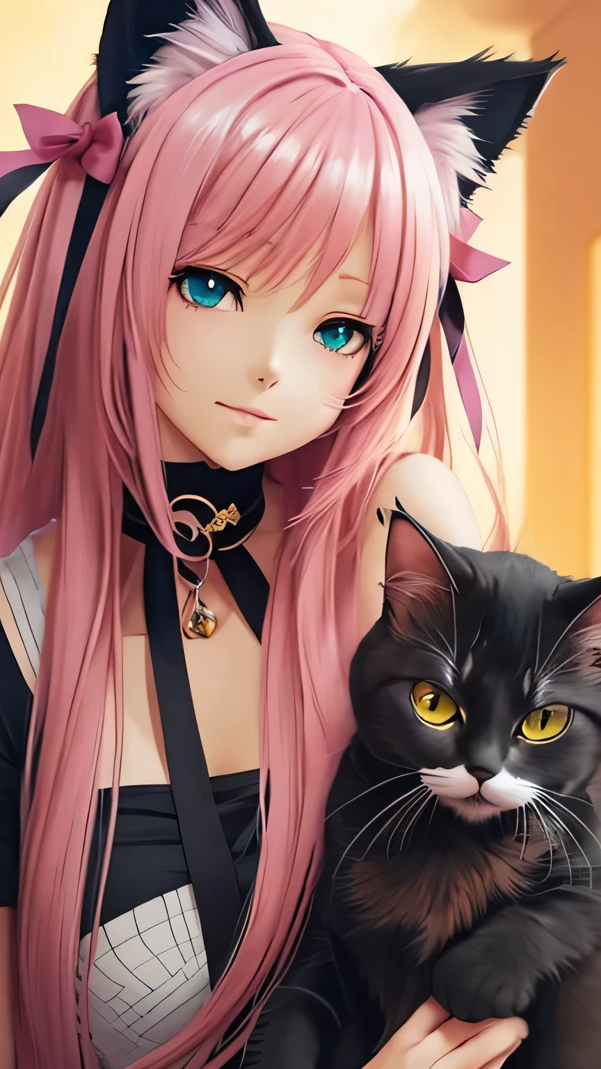 There is a woman with pink hair and cat ears., Very beautiful cute cat girl, Charming cat girl, Real life anime girls, Ultra realistic anime, beautiful Anime cat girl, Anime cat girl, Beautiful young cat girl, Very Beautiful Anime Cat Girl, Surreal , Enchanting anime girl, cute Anime cat girl, Cat ears anime girl、Full body