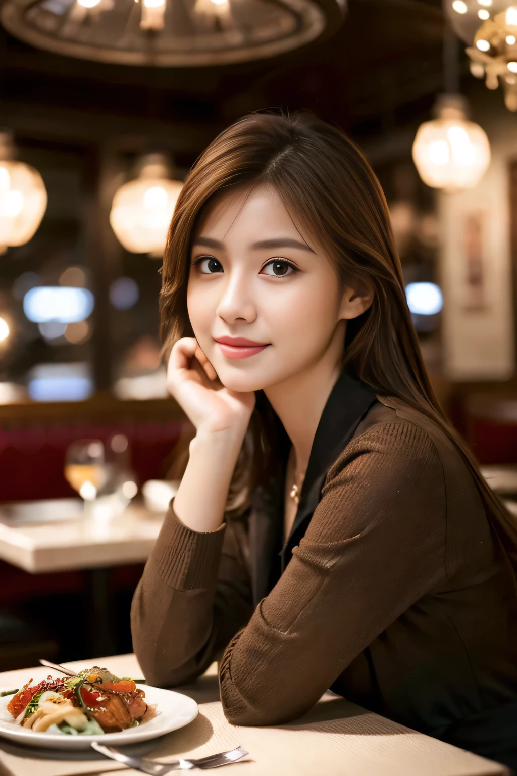 masterpiece, highest quality, Realistic, Very detailed, The finer details, High resolution, 8k wallpaper, One beautiful woman, Wear casual business attire, In a great restaurant, At night, Light brown messy hair, Perfect dynamic composition, Beautiful and beautiful eyes