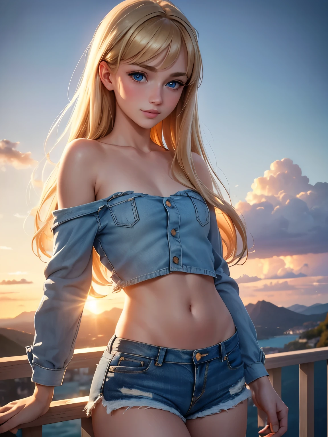 (masterpiece, best quality:1.4), (8K), Young blonde beauty, (((18 years old, neat girl))), detailed blue eyes, long eyelashes, blush, kind smile, upper body, topless small breats, denim short shorts, (from side), (looking at viewer), beautiful blonde hair, white-skinned, long hair, parted bangs, (small breasts), (valley, beautiful and magnificent skyline, majestic sky), colorful natural light)