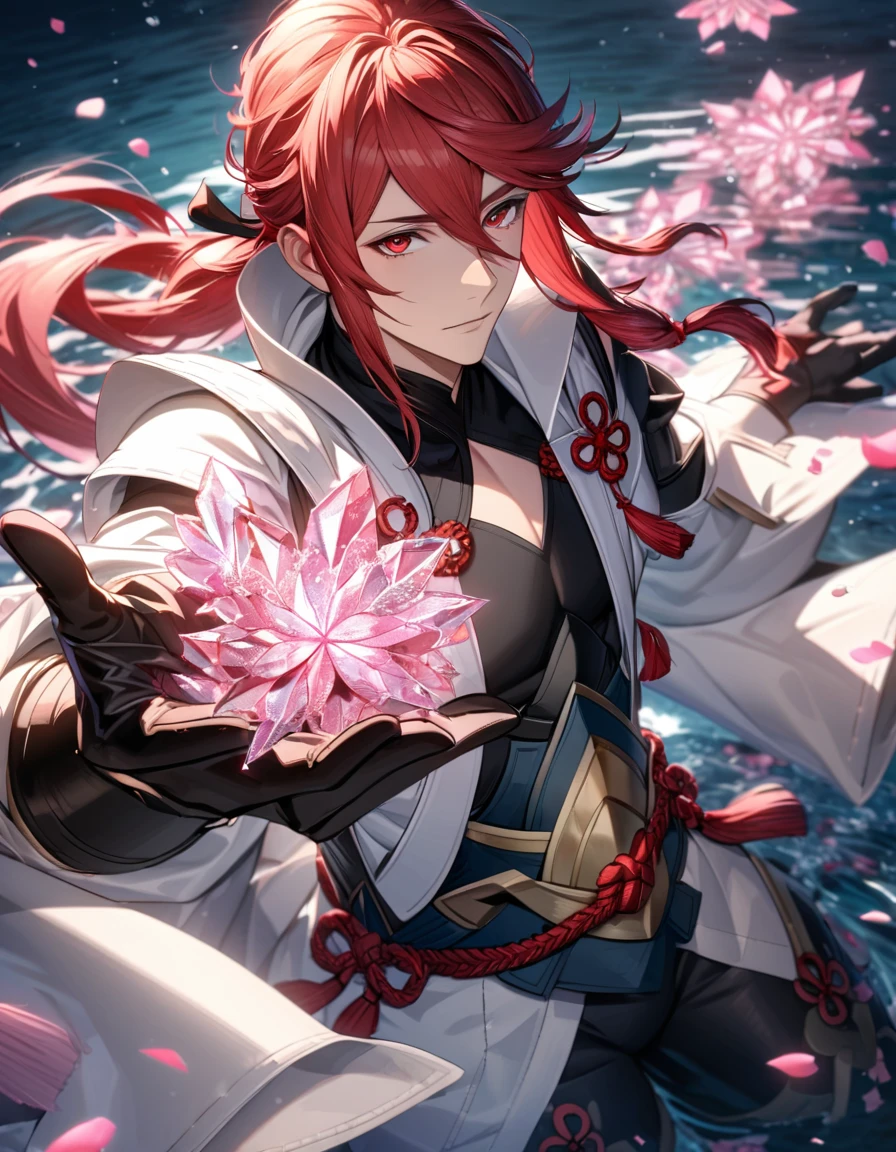 Ultra detailed, Highres, absurdres, HDR, Subaki, red hair tied in a ponytail, expressive red eyes, Fire emblem Fates, white long coat with patterns, pink ice flowers, petals, extremely handsome, sexy man, solo, extremely detailed eyes and face, black gloves, water, pink ice butterflies, black tight t-shirt, black pants,
