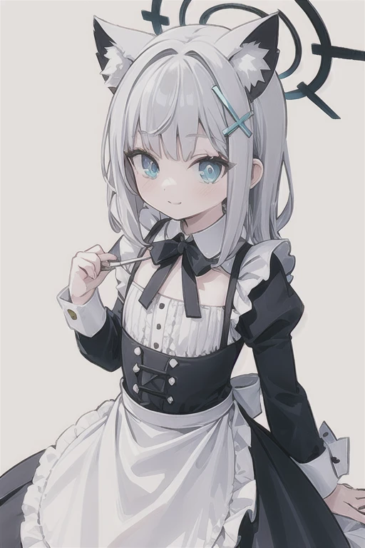 shiroko_bluearchive,beast ears,looking at viewer, little smile,pure white maid dress, maid, slim, dizzy, big-chest, wide hips, perfect waist, day atmosphere, hair ornament,