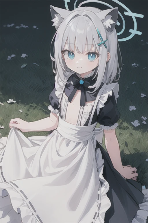 shiroko_bluearchive,beast ears,looking at viewer, little smile,pure white maid dress, maid, slim, dizzy, big-chest, wide hips, perfect waist, day atmosphere, hair ornament,