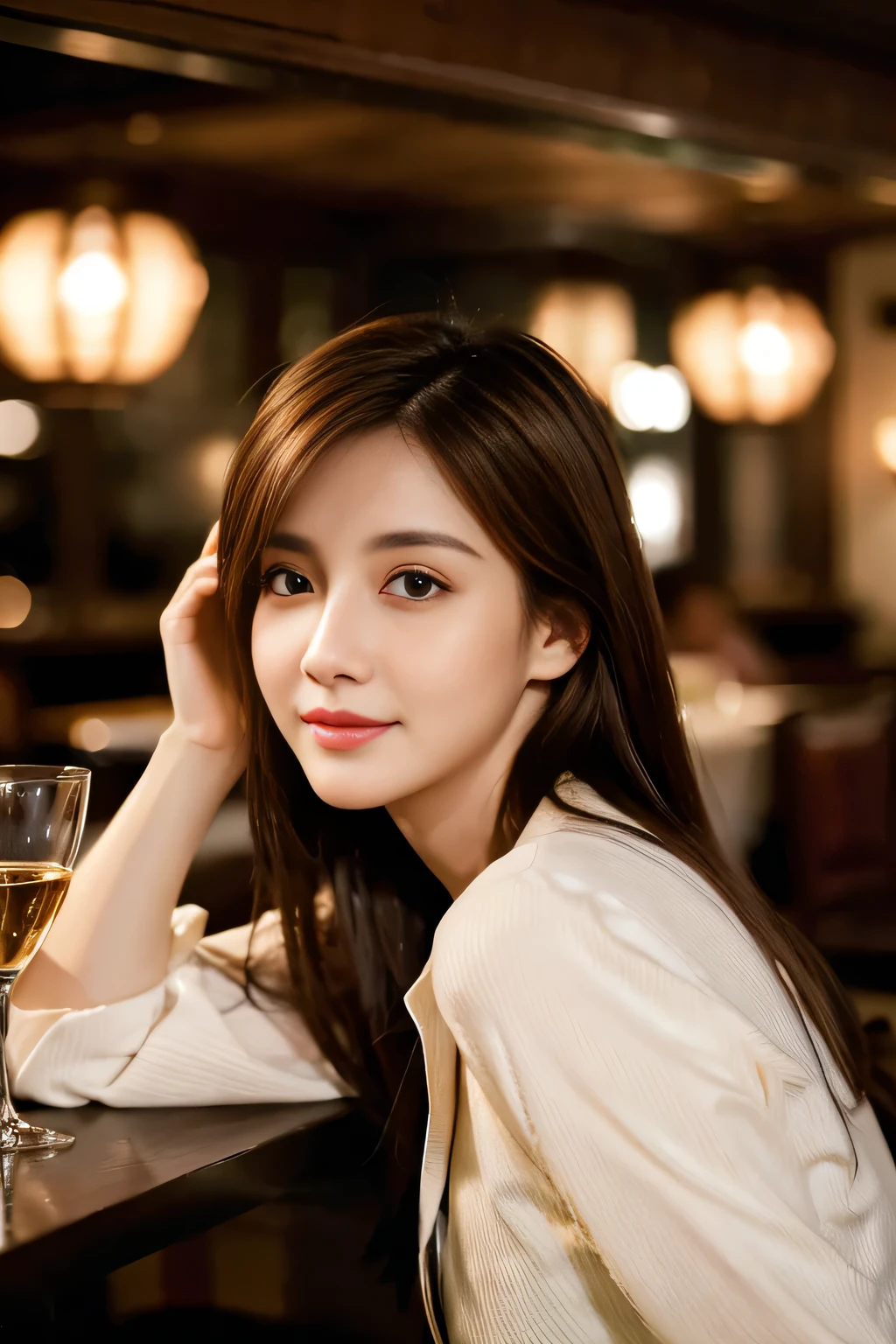 masterpiece, highest quality, Realistic, Very detailed, The finer details, High resolution, 8k wallpaper, One beautiful woman, Wear casual business attire, In a great restaurant, At night, Light brown messy hair, Perfect dynamic composition, Beautiful and beautiful eyes