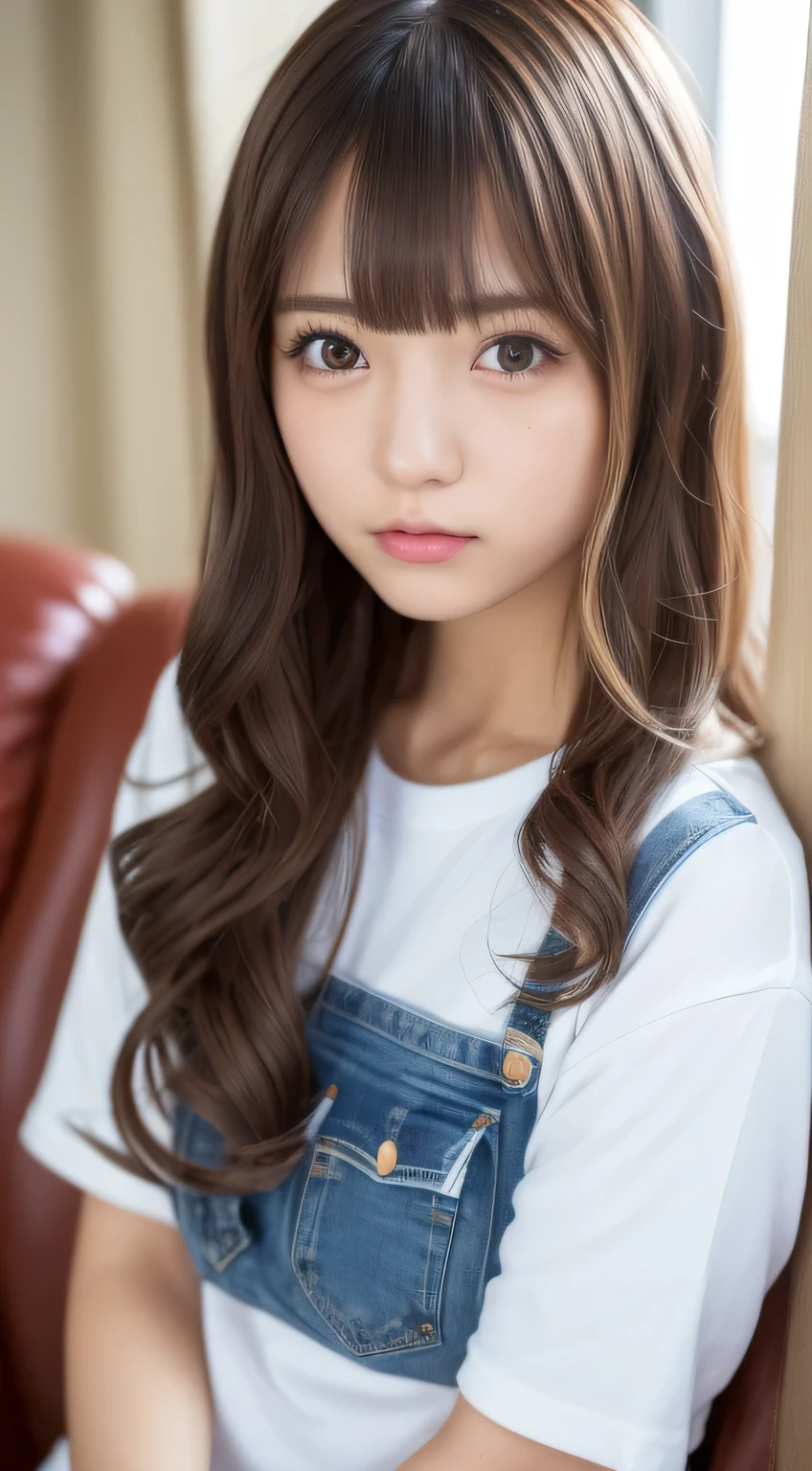 4K、RAW Photos、Photorealistic、High resolution、18 year old Japanese girl , Idol-like face、Sunburned skin、Sunburn、Dark brown medium wavy hair、With bangs、 Cute Real Photo Girl、White with logoＴshirt、Wearing denim on the sofa、Looking at the camera