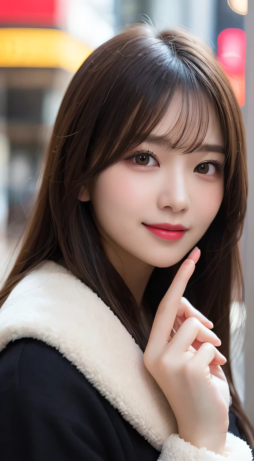 Tabletop, highest quality, shape, Very detailed, finely, High resolution, 8k wallpaper, Perfect dynamic shape, Beautiful and detailed, Gorgeous and stylish black fluffy latest trend Tokyo winter clothes,Random cute hair,Small breasts,Natural color lip, Bold sexy pose,smile、20-year-old girl、cute、sexy shot looking at camera,Always blur the background,Perfect and beautiful face,Take a picture of your face only,Beautiful and elaborate face、Slim face and figure,Big eyes、Putting on gal makeup,Actual photo、Luxury brand mink coat、smile