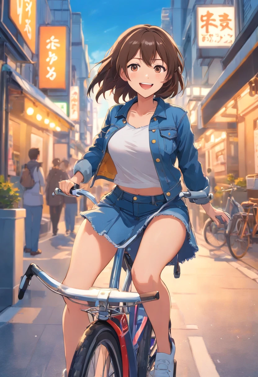 a cartoon female who is wearing denim miniskirt, while riding a bicycle, 1girl, solo, underwear, panties, white panties, breasts, open mouth, smile, large breasts, a female anime character with large riding a bicycle outdoors with open jacket, 1girl, skirt, underwear, breasts, panties, white panties, open mouth, solo, outdoors, large breasts, denim, brown hair, bicycle, smile, ground vehicle, long hair, denim skirt, denim jacket, jacket, day, shirt, thighs