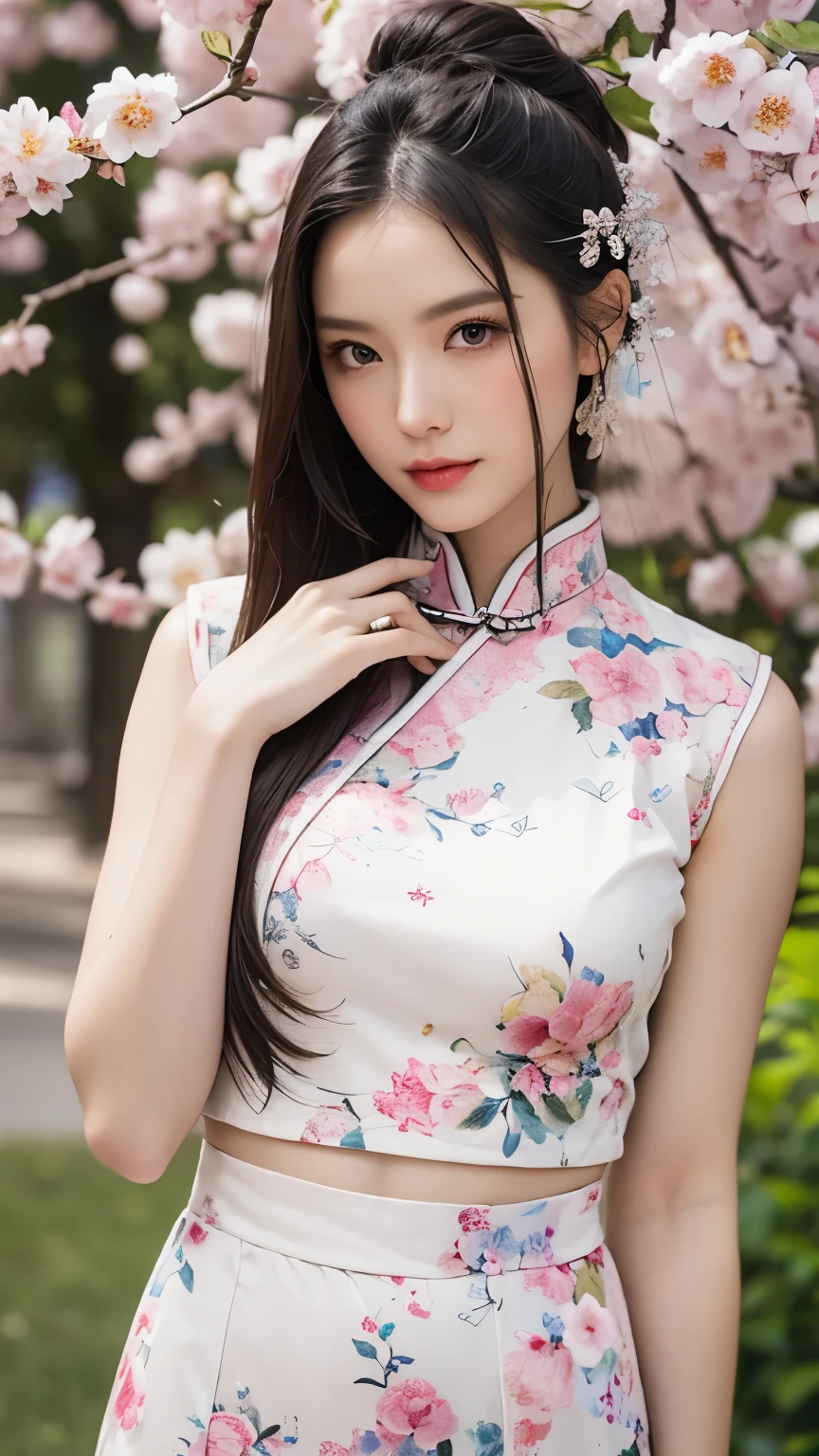 ((Best quality, 8k, Masterpiece: 1.3)), Sharp focus A beautiful woman with perfect body, Slim abdomen, Highly detailed face and skin texture, Detailed eyes, Traditional Chinese costume, hanfu, ancient Chinese princess, black hair, topknot, hair ornament studded with small jewels, slender body, hands on chest, ((With a blossoming plum tree in the background))