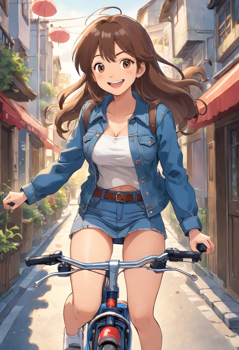 a cartoon female who is wearing denim miniskirt, while riding a bicycle, 1girl, solo, underwear, panties, white panties, breasts, open mouth, smile, large breasts, a female anime character with large riding a bicycle outdoors with open jacket, 1girl, skirt, underwear, breasts, panties, white panties, open mouth, solo, outdoors, large breasts, denim, brown hair, bicycle, smile, ground vehicle, long hair, denim skirt, denim jacket, jacket, day, shirt, thighs