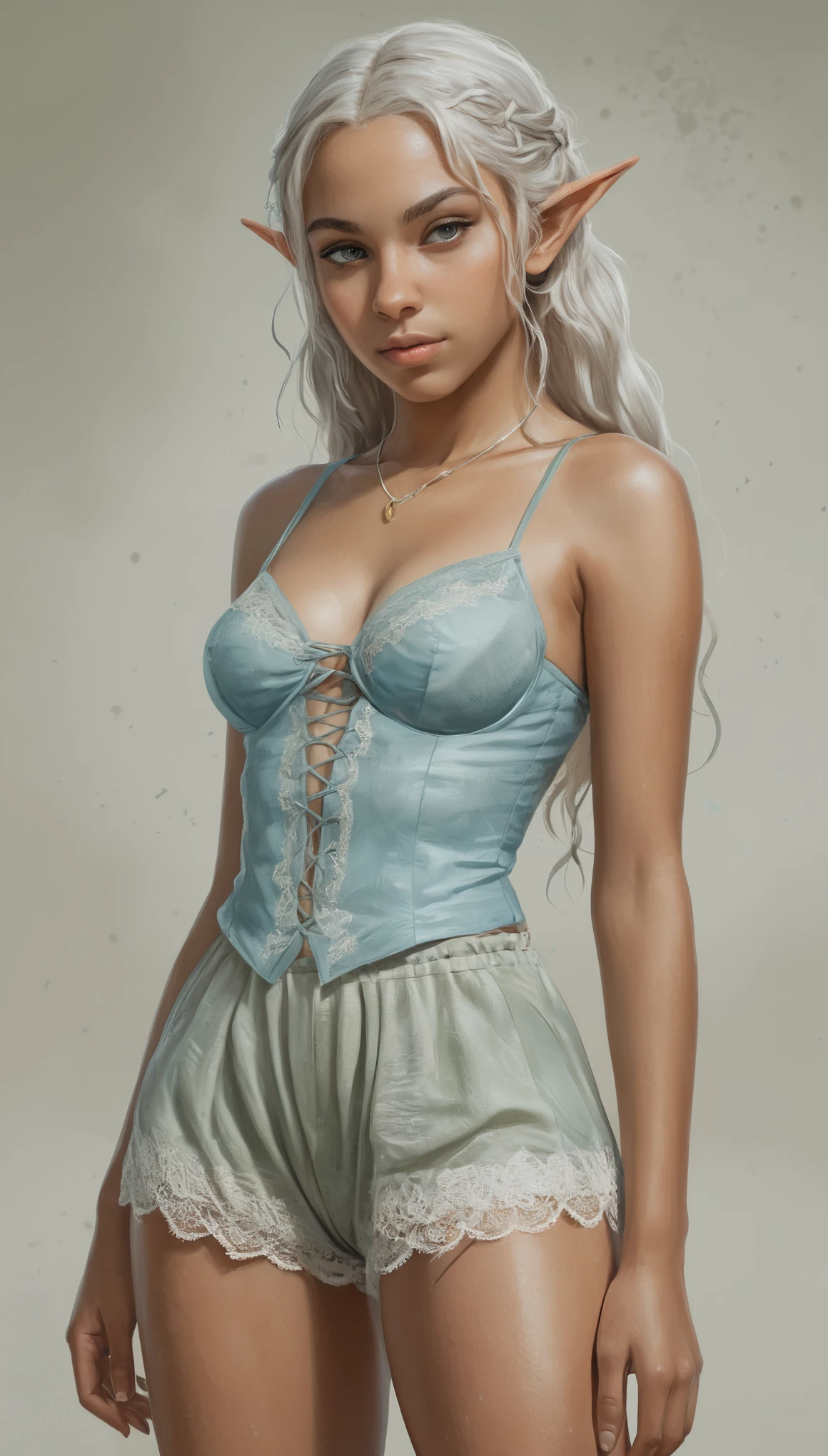 An illustrated movie poster, hand-drawn, full color, a teenage elven girl, wearing a lace bralette and bloomer shorts, brown skin, olive complexion, Mediterranean ethnicity, Amazonian body, very tall, athletic, hourglass figure, curvy, bottom-heavy, generous hips, massive bubble-butt, long legs, ridiculously thick powerful thighs, light blue eyes, long pointy elf ears, bleached hair, long loose waves, posing with butt facing toward camera, early morning fog, wet glistening skin, hard shadows, graphite shading, stencil marks, airbrushed acrylic paint, masterpiece, in the style of Lord of the Rings 