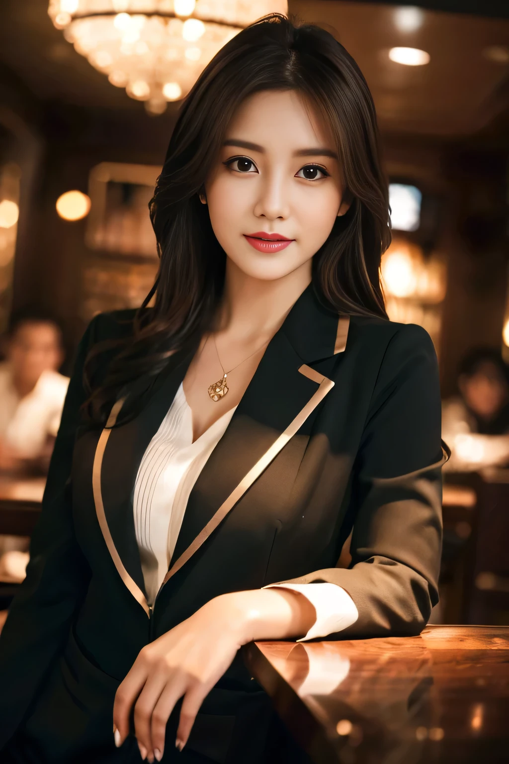 masterpiece, highest quality, Realistic, Very detailed, The finer details, High resolution, 8k wallpaper, One beautiful woman, Wear casual business attire, In a great restaurant, At night, Light brown messy hair, Perfect dynamic composition, Beautiful and beautiful eyes