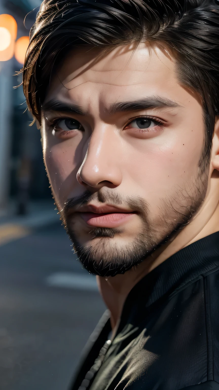 最high quality, masterpiece, 超High resolution, Detailed Background, realism, An illustration, single, 1 boy, street, logic, Volumetric lighting, Depth of written boundary, Facial hair, Fitness Trainer、masterpiece, 最high quality, high quality, High resolution, (Upper body portrait)、