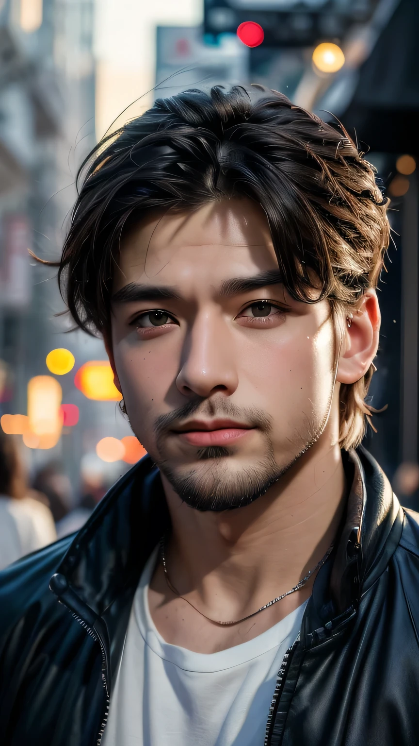 最high quality, masterpiece, 超High resolution, Detailed Background, realism, An illustration, single, 1 boy, street, logic, Volumetric lighting, Depth of written boundary, Facial hair, Fitness Trainer､masterpiece, 最high quality, high quality, High resolution, (Upper body portrait)､