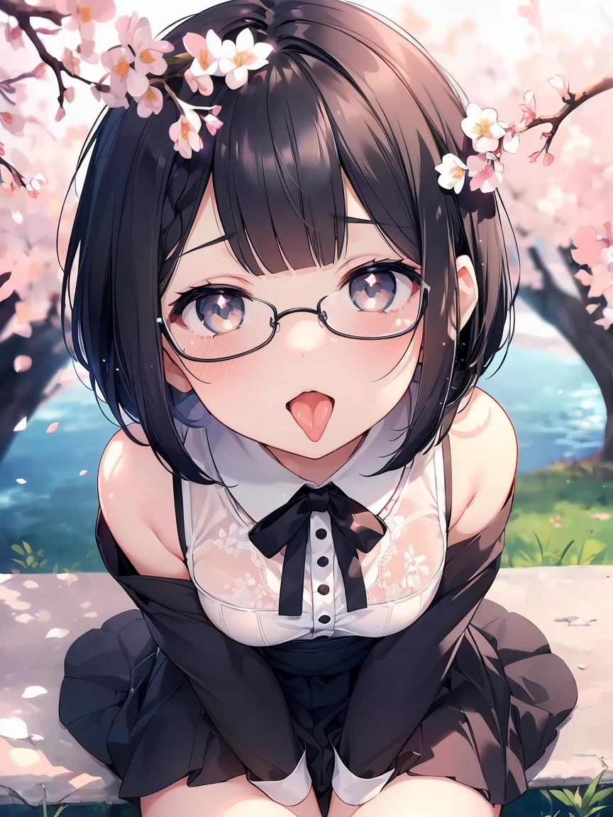 Very detailed, highest quality, High resolution, Moe Anime, ((A cute girl with black hair and droopy eyes is wearing round glasses.)), (Baby Face), Cute eyes, Detailed eye depiction, Sparkle in the eyes, View your viewers, Pale skin, (Big eyes:1.4), smile, Focus on the face, In the park with cherry blossoms falling, On all fours, (Extreme close up of tongue), (((From above))), Open your mouth, (((Face only:1.3))), ((Sheer white lingerie)), Bright Eyes, Light from the front, (Put your hands between your legs:1.4), (short cut hairstyle:1.4), saliva