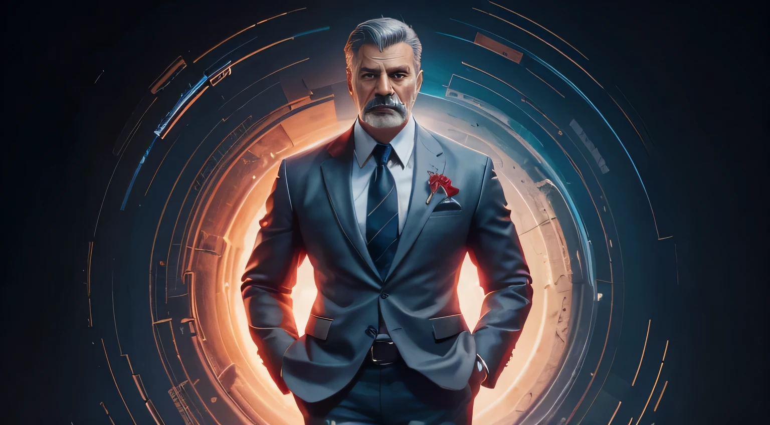 A stunning and conceptual illustration of a powerful businessman. He is impeccably dressed in a tailored suit and exudes an air of confidence and authority. His gray hair and mustache convey his maturity and experience. A single red rose rests subtly in the jacket pocket, symbolizing your passion and sophistication. poster, painting, illustration, 3d rendering, concept art, illustration, painting, concept art, 3d rendering, poster, anime, vibrant