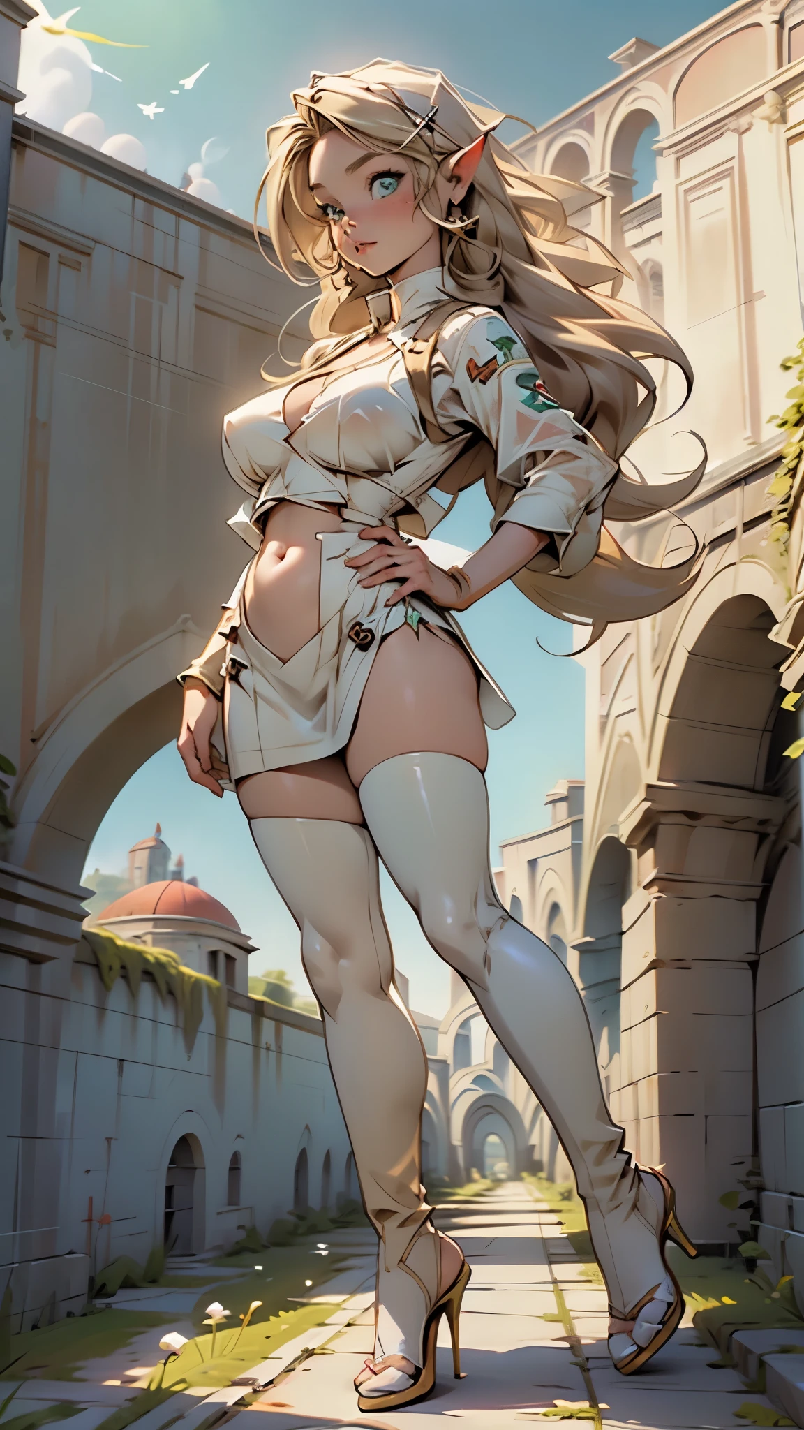 Super detailed、highest quality、Best image quality、masterpiece、8K、Anime Face、A kind smile、Open Mouth、Sparkling Blue Eyes、(Long blonde wavy hair:1.5)、Heavy bangs、Wearing a maid headband、(SFW huge body)、(((Rear view)))、Cowboy Shot、(Wearing a white thong:1.3)、Muscles of the whole body、Kneel、(Place your hands on your hips:1.2)、(Put your right foot forward:1.5)