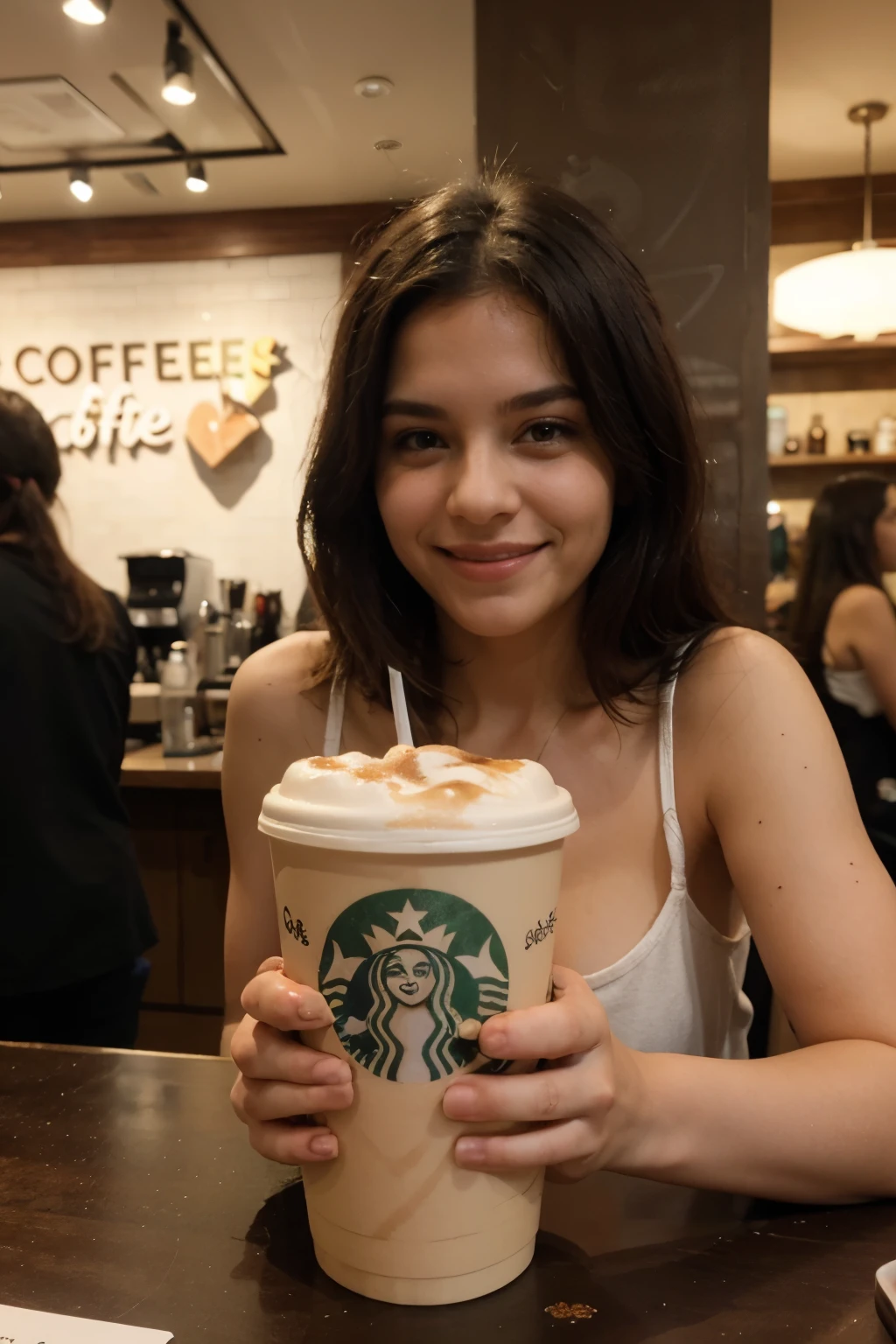 Create a photo without any person, only the coffee comes out of a Starbucks coffee that looks like they have been written with marker on the glass "Que bonita sonrisa, Alberto"