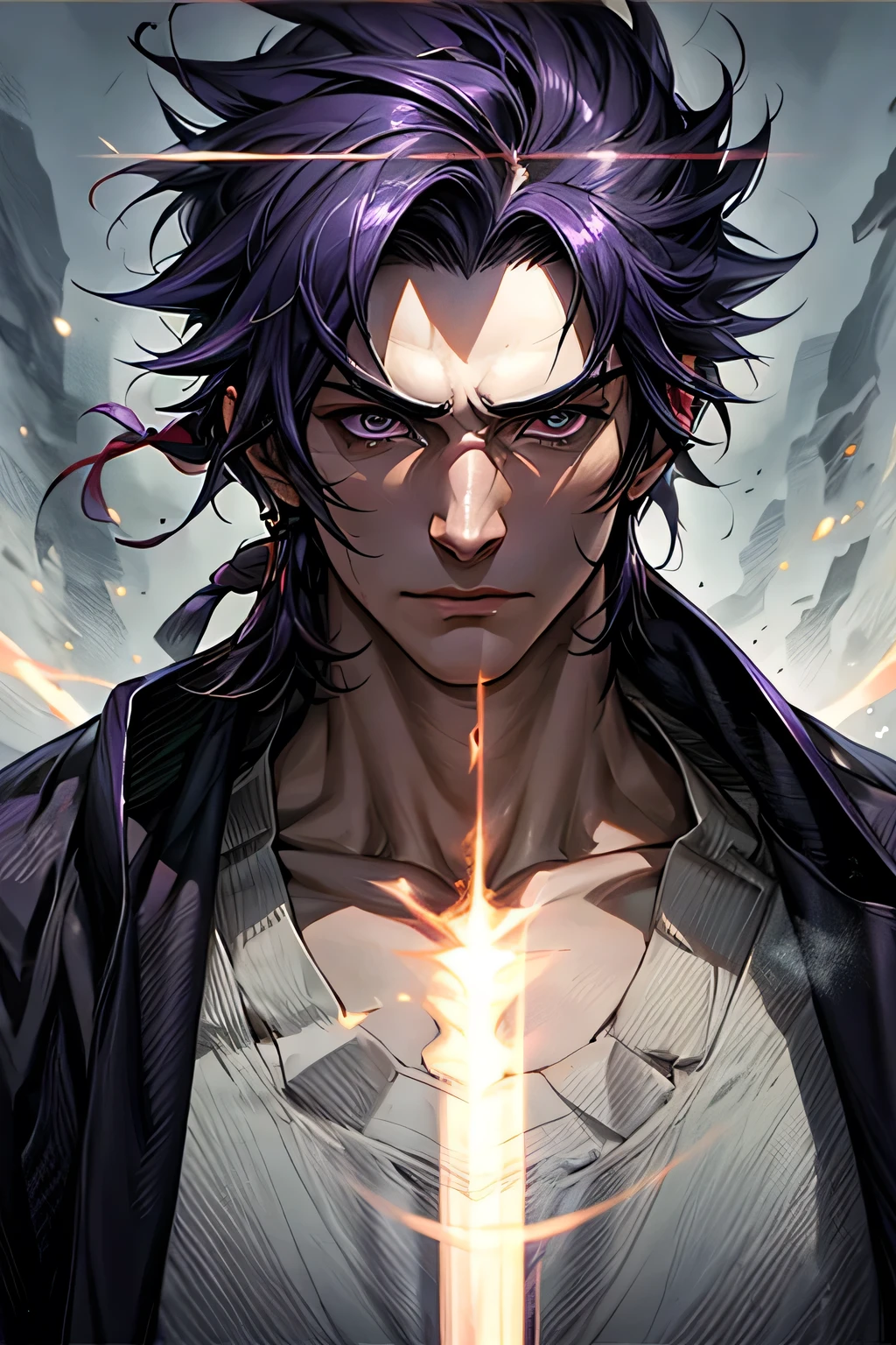 (masterpiece, 最high quality:1.2),One boy,alone,(Sōsuke Aizen),close,Cool pose,bleach, Powerful aura, Purple aura,8k,64k, High resolution, unparalleled masterpiece, Dynamic Lighting, Cinematic, amazing, (Face close-up)､masterpiece, 最high quality, high quality, High resolution, 