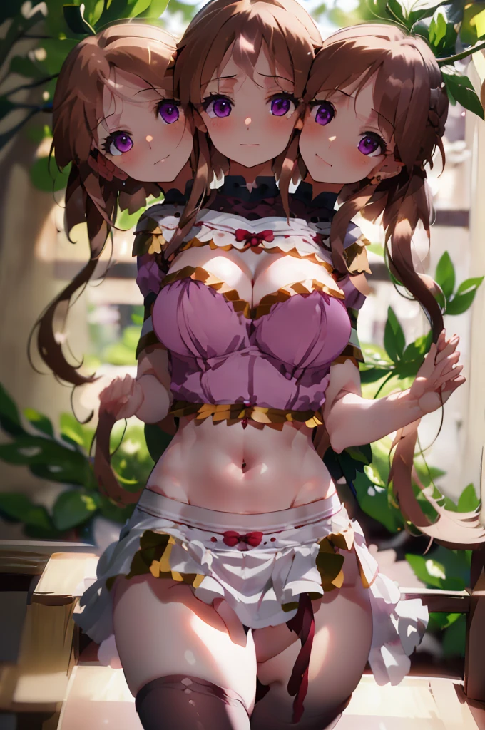 (masterpiece, best quality), best quality, (ultra-detailed), (3heads:1.5), 1girl, (nishida satono:1.3), masterpiece, best quality, ultra quality, ultra resolution, ultra detail, pink top, crop top, ((stomach)), midriff, ((groin)), pink skirt, normal ears, shackles, light ginger hair, very long hair, wavy hair, sidelocks, purple eyes, parted lips, single horn, sweat, cute, toned belly, hand on own chest, eyelashes, (24 year old woman:1.3), (masterpiece:1.5), (best quality:1.5), (beautiful detailed), extremely detailed CG, extremely delicate and beautiful, depth of field, (finely detailed face), (perfect details:1.2), (mature female:1.3), wide pelvis, slender, large veiny breast, 16k resolution, highres, very high quality, very high definition, extremely detailed, masterpiece, light ginger hair, long hair, alluring presence, braid, short skirt, close up, big tits, young,