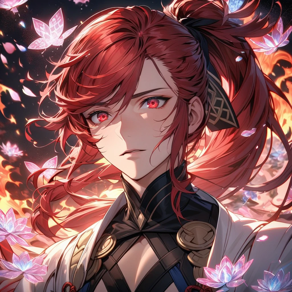 Ultra detailed, Highres, absurdres, HDR, Subaki, red hair tied in a ponytail, expressive red eyes, Fire emblem Fates, white long coat with patterns, pink ice flowers, petals, extremely handsome, sexy man, solo, extremely detailed eyes and face, black gloves, water, pink ice butterflies, black tight t-shirt,