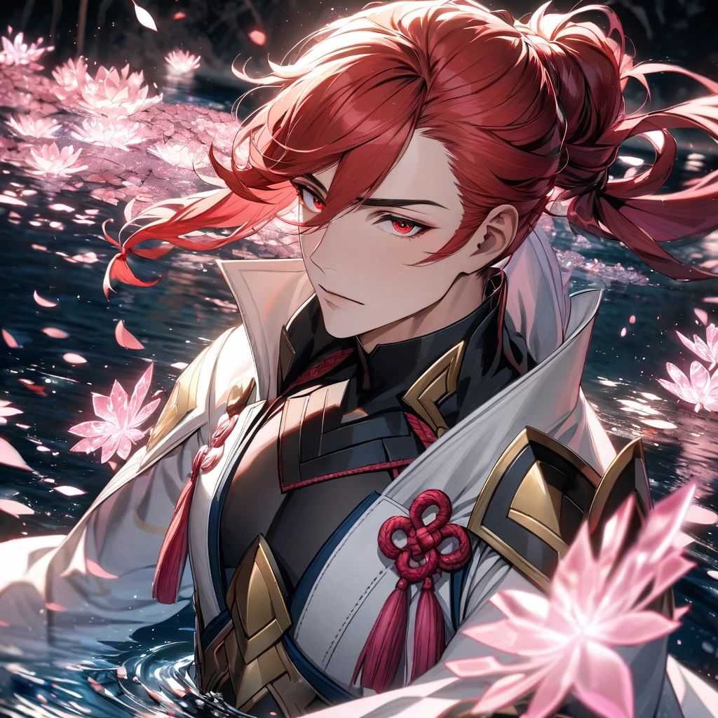 Ultra detailed, Highres, absurdres, HDR, Subaki, red hair tied in a ponytail, expressive red eyes, Fire emblem Fates, white long coat with patterns, pink ice flowers, petals, extremely handsome, sexy man, solo, extremely detailed eyes and face, black gloves, water, pink ice butterflies, black tight t-shirt,