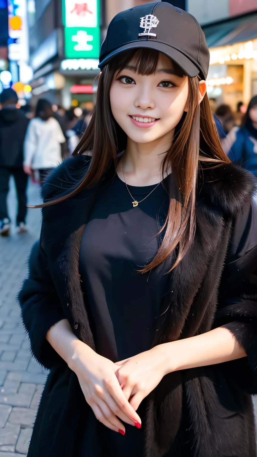highest quality, masterpiece, Ultra-high resolution, (Realistic:1.4), RAW Photos, Very detailed, Perfect Anatomy, Very detailedな, 

One girl, 16 years old, The most famous Japanese idols, Grin, On the main street of Tokyo, ((((walking while taking cocaine)))), 

He is wearing a cool designed black baseball cap and a luxurious black fur coat., 

Very cute face like the most popular Japanese actress, Very beautiful big black round eyes, Very beautiful lips, Very beautiful realistic skins, Very beautiful body, Perfect Proportions, 

Detailed black baseball cap with cool design, A luxurious black fur coat with attention to detail, Details of Tokyo&#39;s main streets