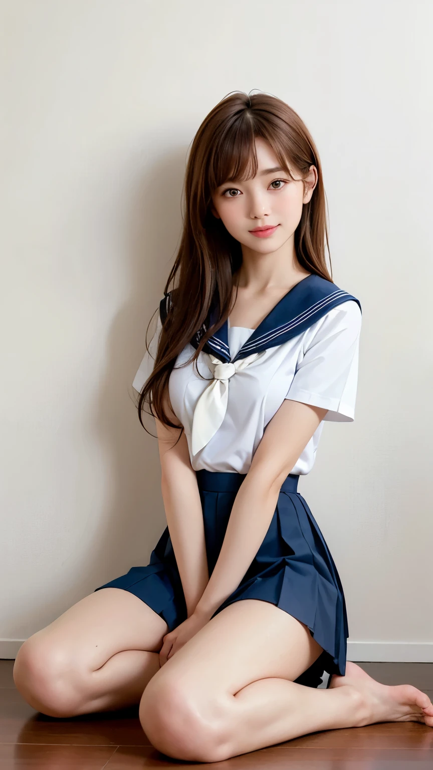 (highest quality, 8k, 32k, masterpiece, Hmph:1.2), (RAW Photos), (Realistic), (Photorealistic:1.2), (High resolution), Very detailedな, Very beautiful face and eyes, 1 girl, Round and small face, Big breasts and small waist、(((Small breasts)))、(((White wall background)))、Slim figure, (school uniform, Sailor suit、白いSailor suit, Dark blue pleated skirt:1.23), (Bust Shot)、(((Redhead)))、((short sleeve Sailor suit))、(close、highest quality、Attention to detail、Rich skin detail、Hmph)、(highest quality, 8k, Tabletop:1.2), Very detailed, (Realistic, Realistic:1.37), (((Full Body Shot)))、Bright colors, (((Hand in hand)))、(((Sexy vibe)))、(((20-year-old woman)))、((Bust isDcup))、(((Light brown hair)))、(((White Background)))、(((Cleavage)))、(((Girlish hairstyle)))、(((Long Hair)))、(((In front of a white wall)))、(((Light brown hair)))、(((I put my hand on my cheek)))、(((He has a wicked smile on his face)))、(((Chest circumference is 85 cm)))、(((Small breasts mischievous expression)))、Sit with your knees bent、Spread your legs、Embarrassed expression