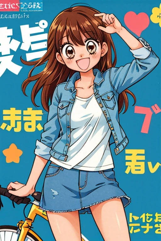 a cartoon female who is wearing denim miniskirt, while riding a bicycle, 1girl, solo, underwear, panties, white panties, breasts, open mouth, smile, large breasts, a female anime character with large  riding a bicycle outdoors with open jacket, 1girl, skirt, underwear, breasts, panties, white panties, open mouth, solo, outdoors, large breasts, denim, brown hair, bicycle, smile, ground vehicle, long hair, denim skirt, denim jacket, jacket, day, shirt, thighs