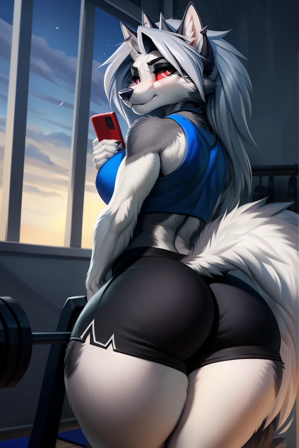 (anthro)) hellhound, Ross Tran, by ruan jia, by zaush, by foxovh Best Quality, masutepiece,, Illustration, Wallpaper,1girl in, Solo, white hair, Semi-long hair, Beautiful detailed girl, extremely detailed eye and face, Beautiful detailed eyes, Shy, natural_Lighting, Glow,NSFW, Clean sky, Looking at Viewer, gym, Straight hair, blue petals, Ponytail, Blue Ribbon,White hair, Thick_thighs thighs thighs thighs, big ass, wearing tight gym booty shorts, taking a gym selfie of her butt with her phone, loona, red eyes, ass, round ass