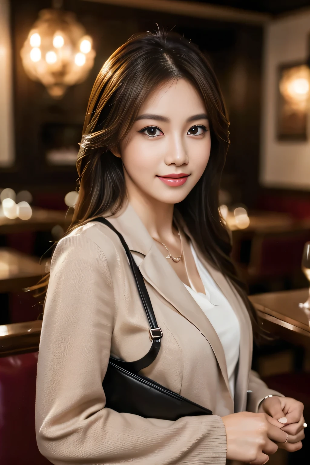 masterpiece, highest quality, Realistic, Very detailed, The finer details, High resolution, 8k wallpaper, One beautiful woman, Wear casual business attire, In a great restaurant, At night, Light brown messy hair, Perfect dynamic composition, Beautiful and beautiful eyes