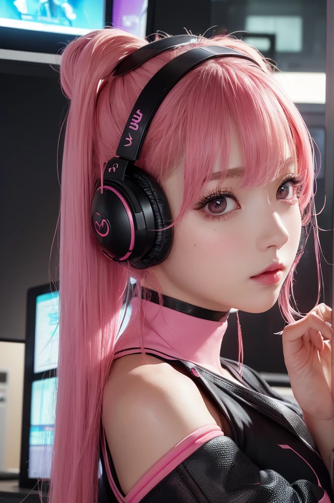 masterpiece, 1 beautiful girl, Detailed eye, Swollen eyes, top-quality, 超A high resolution, Movie Lighting, japanes, a asian beauty, very extremely beautiful, Beautiful skins, A slender, Forward-facing body, gazing at viewer、(animesque), (hight resolution), (8K), (ighly detailed), ( Best Illustration), (beautifully detailed eyes), (ultra-detailliert), Detailed face, Bright lighting, Professional Lighting、The background is a cyberpunk room with a large number of monitors...、Hair color is pink twin tails、、headset on head、Moles under the eyes、Plump and glossy lips、Heart-shaped choker、Female Game Commentator、animesque