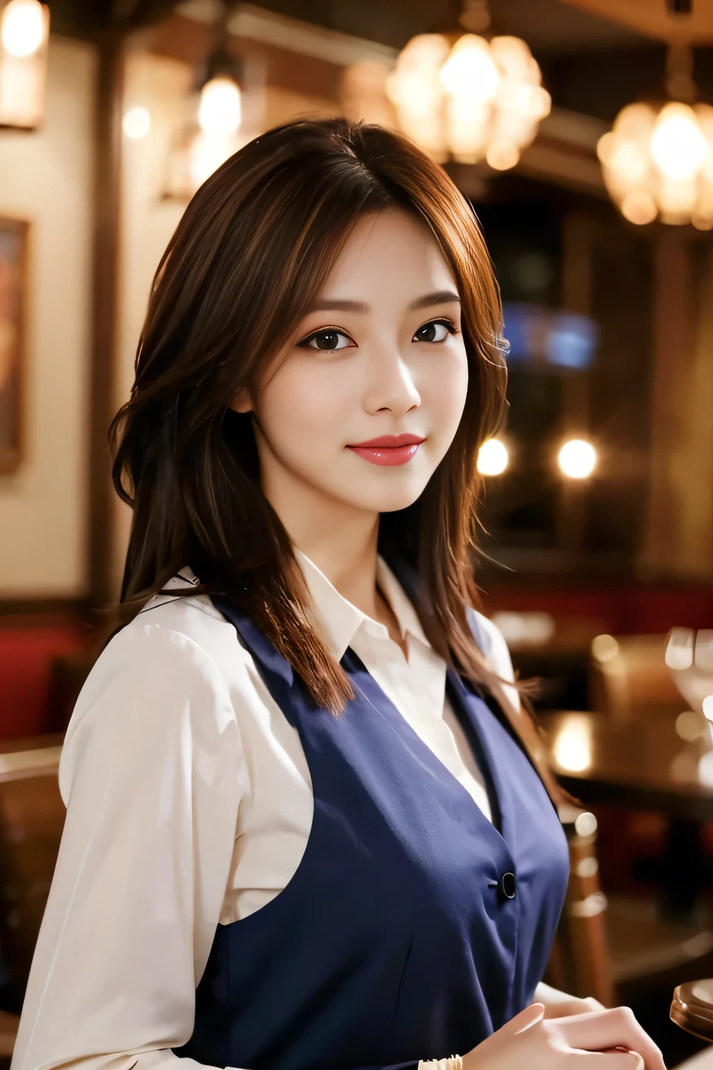 masterpiece, highest quality, Realistic, Very detailed, The finer details, High resolution, 8k wallpaper, One beautiful woman, Wear casual business attire, In a great restaurant, At night, Light brown messy hair, Perfect dynamic composition, Beautiful and beautiful eyes