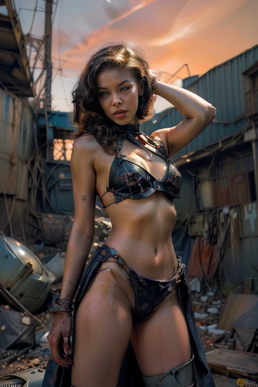 Dusk sky with eerie clouds、In a junkyard, a disabled female android with red eyes, wearing a tattered dark navy blue bikini and one broken leg exposing its internal parts, lies limp on a pile of rusty metal.、Realistic illustration with a young male scientist in the background surprised to find it, Pulp SF Illustration, Depicted as a sci-fi scene, 60's sci-fi pinup style, Pulp Comics Tile, 60's sci-fi pinup, Retroscience - Fireart, 5 0 s Pulp SF Illustration, 8 0 s sci - fi comic art