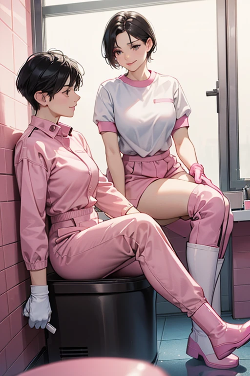 Wearing large pink rubber gloves, white rubber boots and a white cloth wrapped around her head、Two mature women with glasses and black hair tied up in blue long sleeve jumpsuits making love in a dirty public toilet in a park