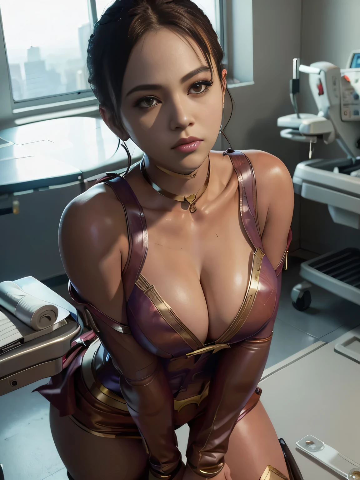 masterpiece、Enamel Supergirl Costume、Short Hair、Hospital operating table、Crisis situation、Big and ample breasts、looking at the camera、Shiny、Off the shoulder、choker、Long sleeve、Red exy poses to seduce、Sweaty、Model Body Type、Alluring、charm、Enchanting、abused、test subject、victim、Wild、Photorealistic、latex、