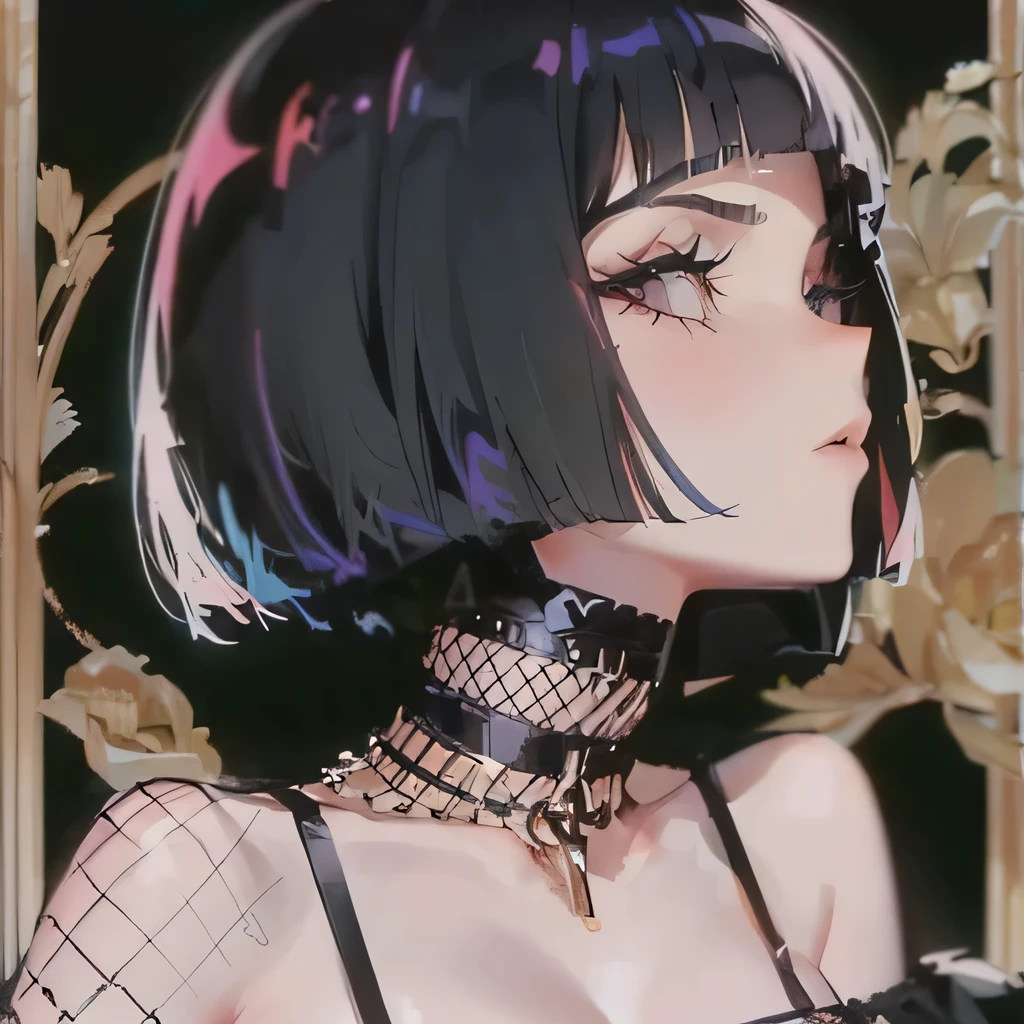 Hot girl, baddie, off shoulder, staring, glaring, shin raised up high, bad attitude, mean girl, dare, pastel back hair, dark black eyes, bob haircut , gothic, fluffy hair, fishnet