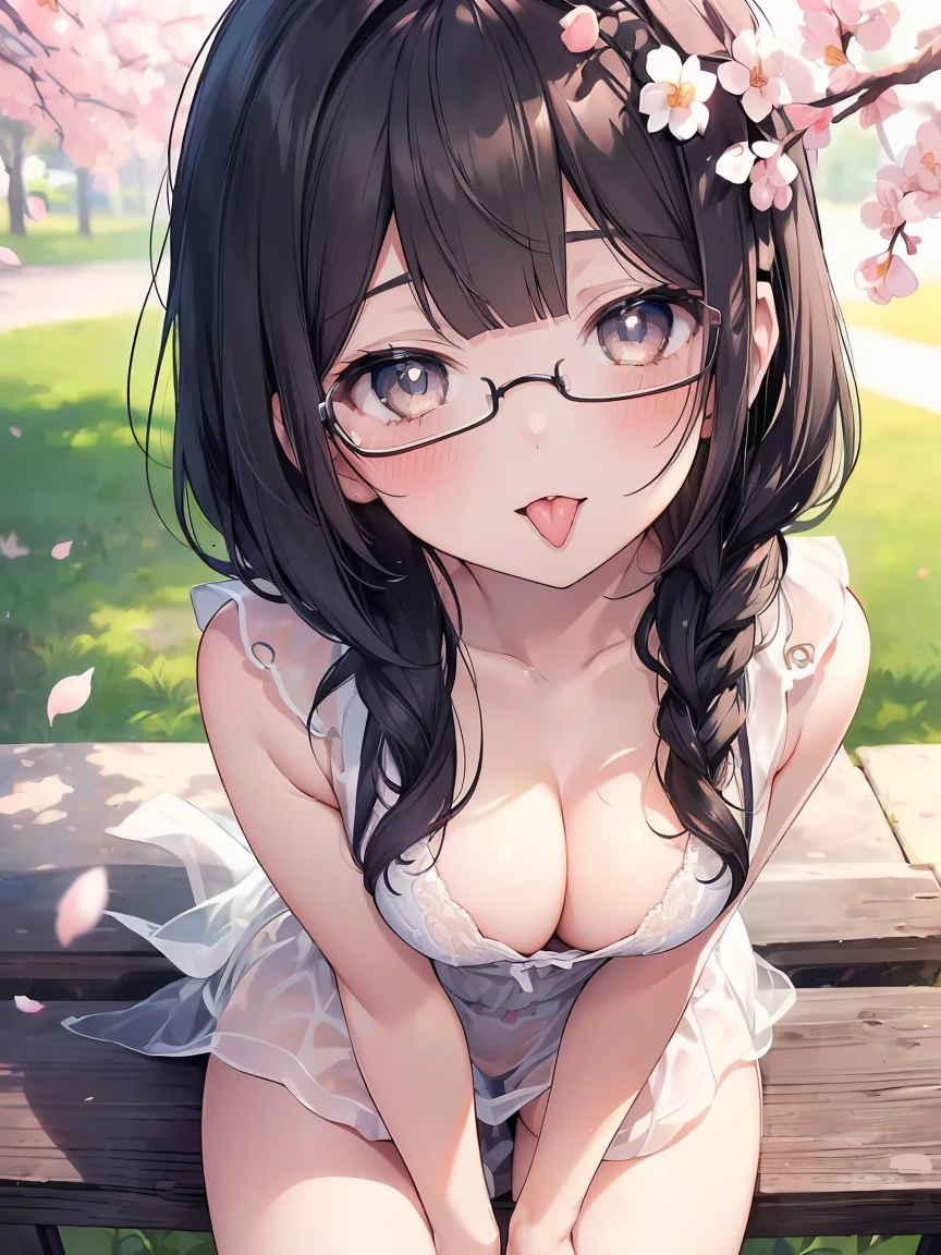 Very detailed, highest quality, High resolution, Moe Anime, ((A cute girl with black hair and droopy eyes is wearing round glasses.)), (), Cute eyes, Detailed eye depiction, Sparkle in the eyes, View your viewers, Pale skin, (Big eyes:1.4), smile, Focus on the face, In the park with cherry blossoms falling, On all fours, (Extreme close up of tongue), (((From above))), Open your mouth, (((Face only:1.3))), ((Sheer white lingerie)), Bright Eyes, Light from the front, (Put your hands between your legs:1.4), Big Tongue