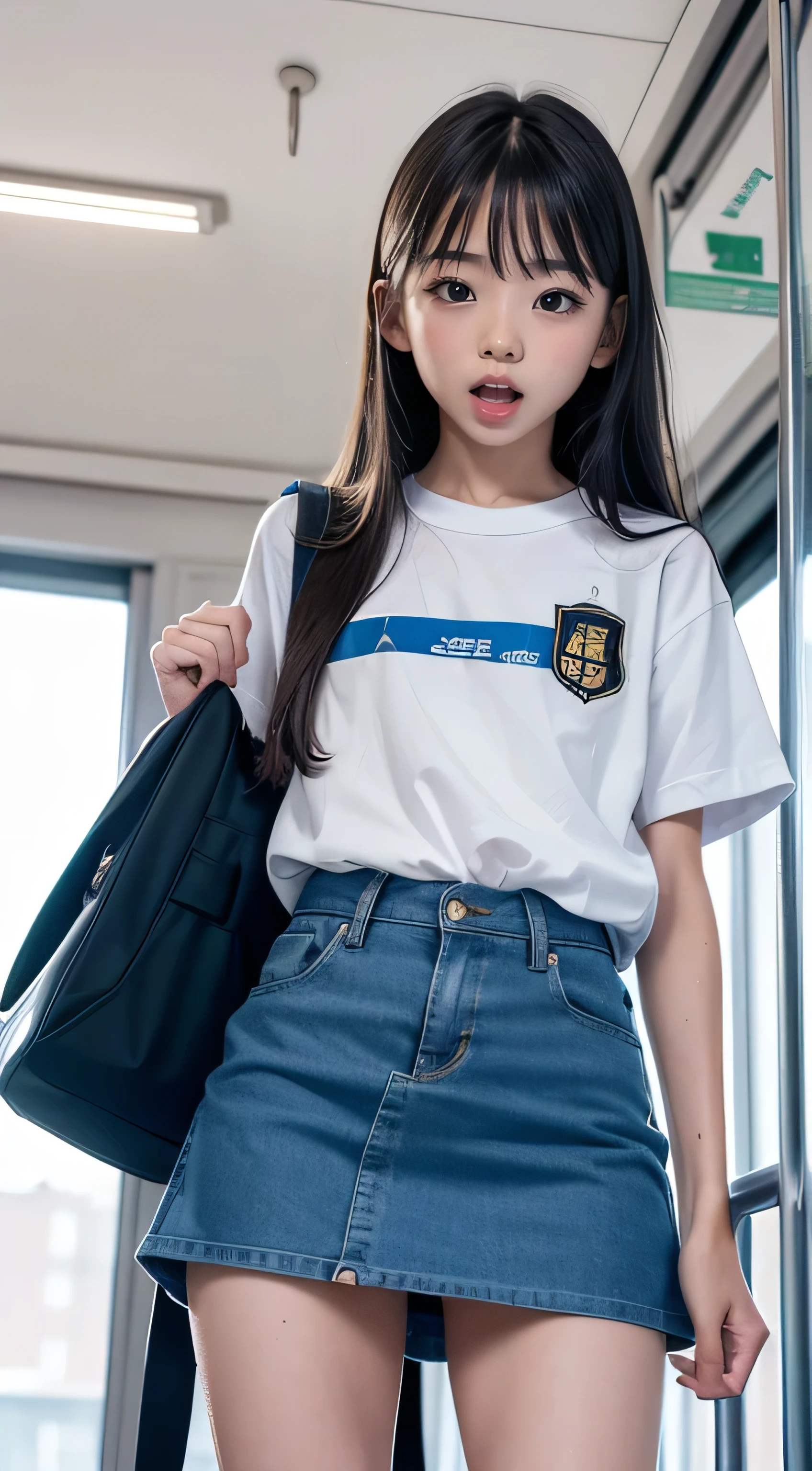 ****************，Thin and thin，long hair details，wearing a school bag，，ultraclear，Top image quality，elementary student，cleanness，Sweat Wet，Standing in schoolbus，sexy legs，nsfw, legs apart, mouth open, tongue out, surprised look, showing vagina, 