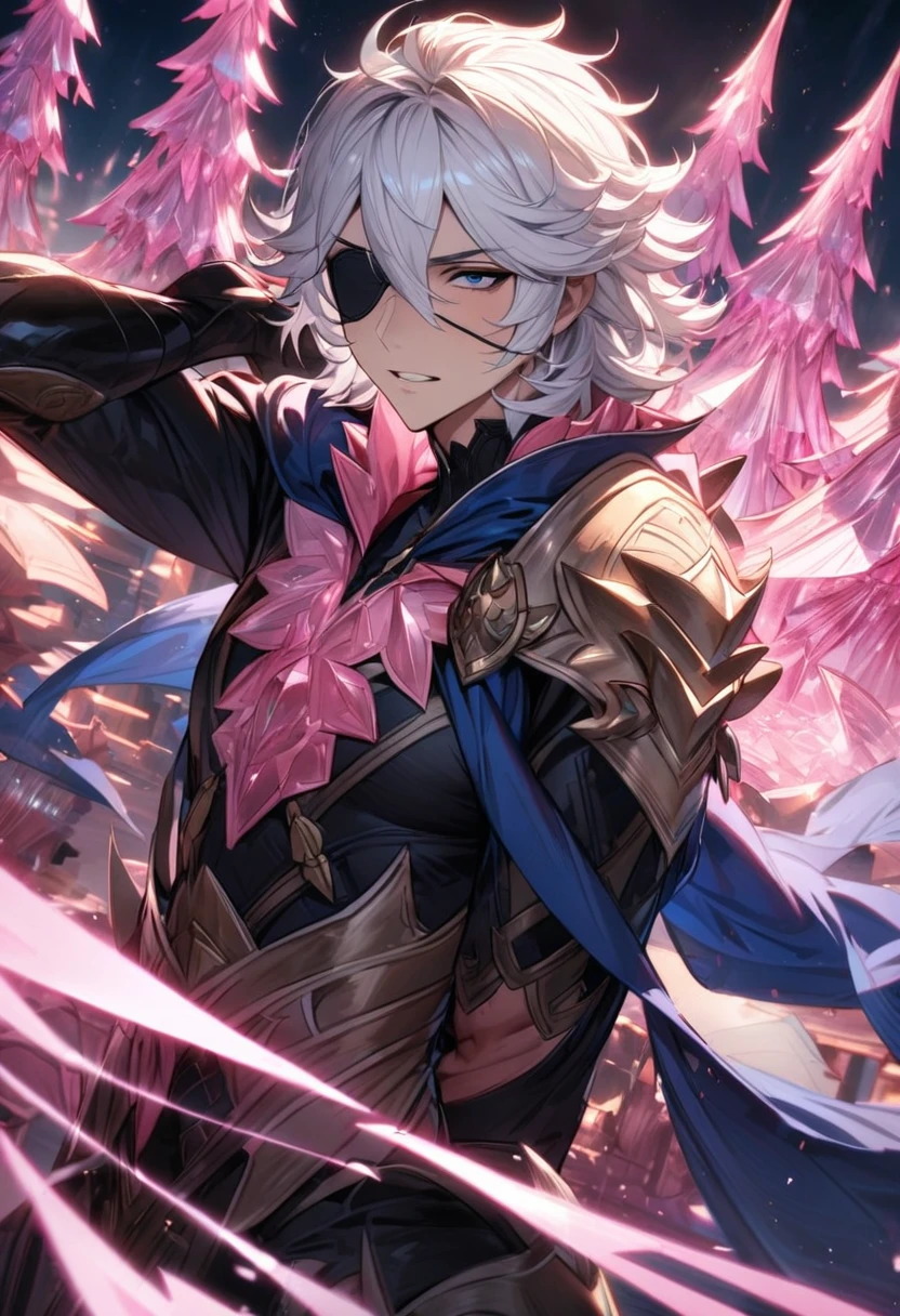 absurdres, highres, ultra detailed, HDR, masterpiece, extremely detailed face and eyes, Niles, white hair, expressive dark blue eyes, Fire Emblem Fates, black eye patch on his left eye, solo, sexy man, handsome, blue cape, black clothes, black pants, black gloves, pink ice trees, pink ice butterflies, pink ice flowers, pink ice fantasy