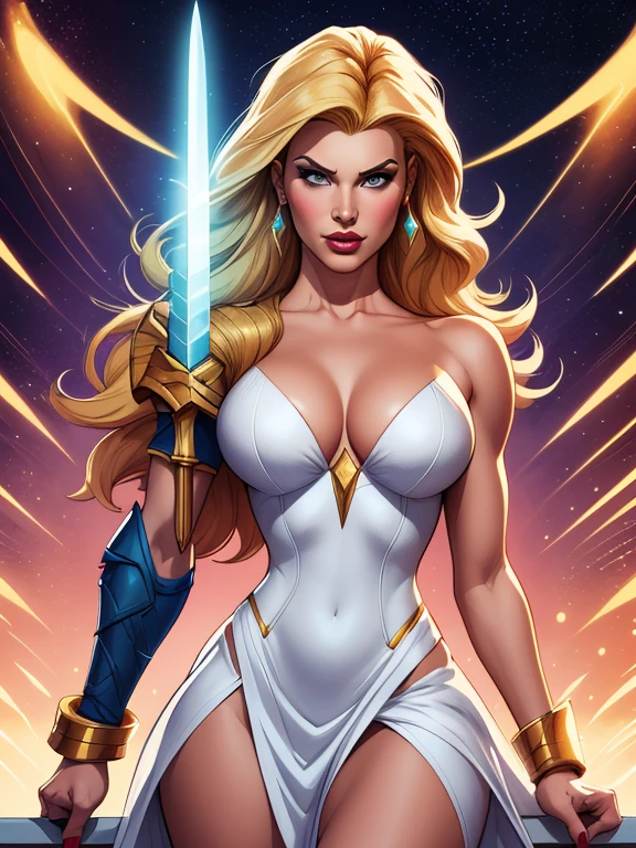 a Cartoon-style drawing GTA-style digital illustration of a woman with a white dress and a sword, She-Ra, ela - ra, a princesa do poder, garota poderosa, intergalactic princess, franco para, estilo ivan talavera e artgerm, Cory Chase como Atlante, zenoscope, deusa loira, Emma Frost, artgerm julie bell beeple style Cartoon style digital illustration GTA style