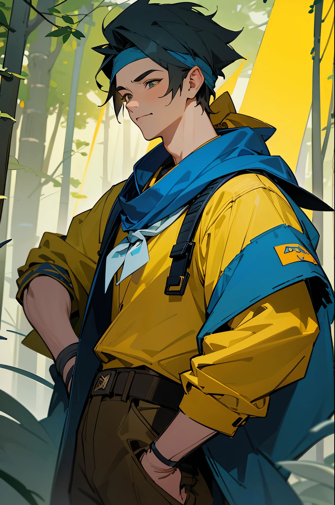 best quality, masterpiece, highres, highly detailed, 1boy, KojiM, bandana, yellow shirt, blue jacket, pants, digital artwork, illustrative, forest, smug,