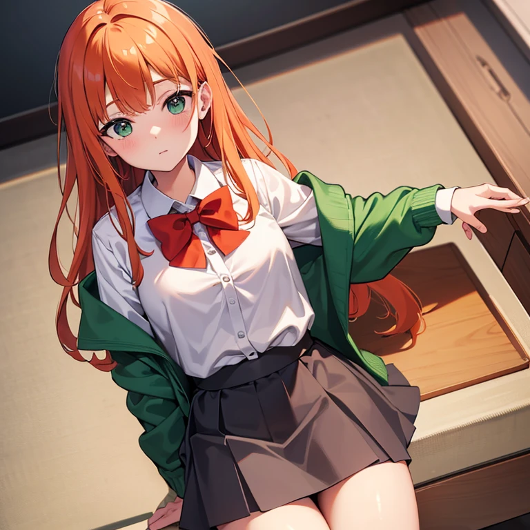 best quality,4k,8k,highres,masterpiece:1.2),
orange hair, gray skirt, red bow, white blouse, green blazer.