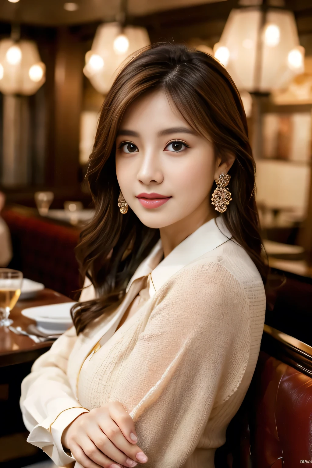 masterpiece, highest quality, Realistic, Very detailed, The finer details, High resolution, 8k wallpaper, One beautiful woman, Wear casual business attire, In a great restaurant, At night, Light brown messy hair, Perfect dynamic composition, Beautiful and beautiful eyes、Big earrings、