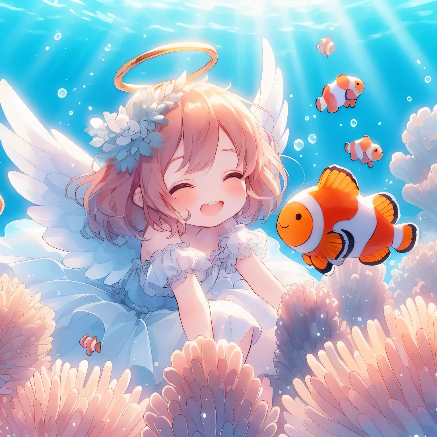 anime angel fish angel fish fish angel fish angel fish angel fish angel fish angel fish angel fish angel fish angel fish angel fish angel fish angel fish angel fish, splash art anime , cute anime, cute detailed digital art, anime art wallpaper 4 k, anime art wallpaper 4k, anime art wallpaper 8 k, anime style 4 k, bubbly underwater scenery, water fairy、Smiling Angel;1.8,smile angeliclayer:1.4,Dutchangle;1.3,(pastel colour:1.3)、(cute illustration:1.3)、(g in watercolor pait:1.1)、high quality, 最high quality, 4K, On the angel's back are large white wings and on his head is a shining gold ring.、The angel swimming in the sea is smiling gently、Sea、clownfish、The corals、smile, volume lighting. soft light, diffused lighting, synchrotron radiation, Hello, caustic, Scattered beneath the surface, dream-like, A golden halo on the angel's head、Golden Ring、smile、Dutchangle、fullbody