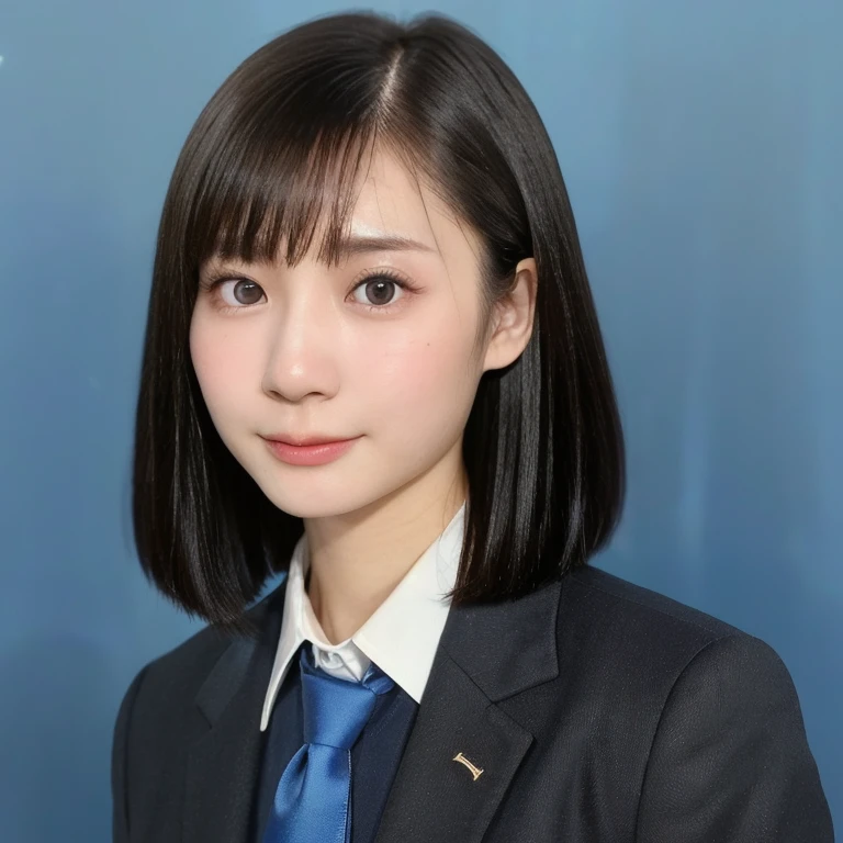 (kawaii 24 year-old Japanese girl, Nogizaka idol, Korean idol), (glossy black hair, short bob, aligned and symmetric hair style:1.3), (pure black eyes, rounded face, single eyelid, no makeup, serious expression:1.2), (wearing suit jacket, collared shirt, necktie:1.3), (extra small breasts:0.9), (looking at viewer:1.2), BREAK, (simple blue background, yearbook background:1.3), (portrait, id photo, bust shot, view from vertically straight forward:1.3), (enough upper margin of background:1.3), BREAK, (masterpiece, best quality, photo realistic, official art:1.4), (UHD, 8K quality wallpaper, high resolution, raw photo, golden ratio:1.3), (shiny skin), professional lighting, physically based rendering, award winning, (highly detailed skin, extremely detailed face and eyes), Carl Zeiss 85 mm F/1.4, depth of field, 1girl, solo,