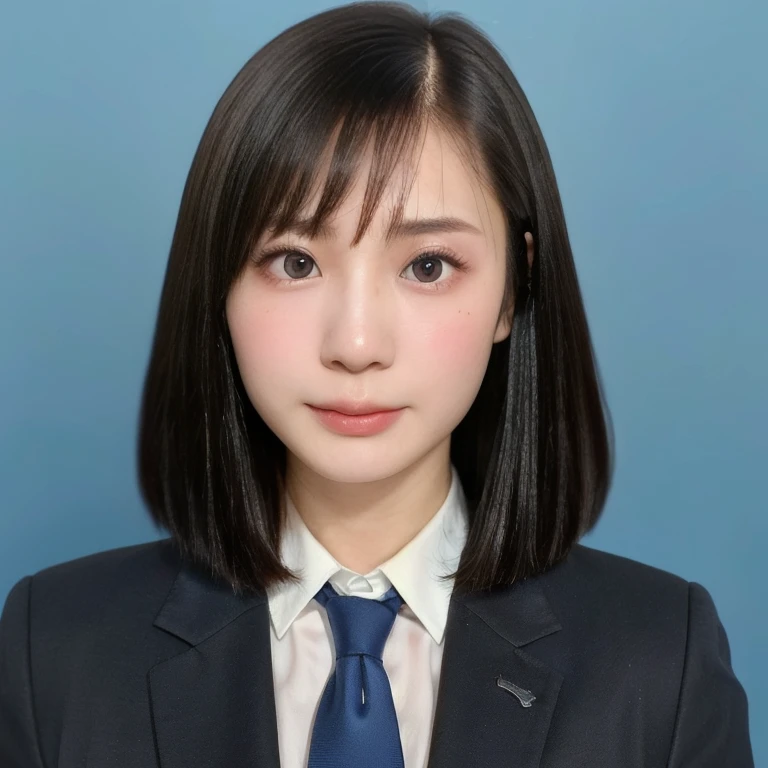 (kawaii 24 year-old Japanese girl, Nogizaka idol, Korean idol), (glossy black hair, short bob, aligned and symmetric hair style:1.3), (pure black eyes, rounded face, single eyelid, no makeup, serious expression:1.2), (wearing suit jacket, collared shirt, necktie:1.3), (extra small ???????:0.9), (looking at viewer:1.2), BREAK, (simple blue background, yearbook background:1.3), (portrait, id photo, bust shot, view from vertically straight forward:1.3), (enough upper margin of background:1.3), BREAK, (masterpiece, best quality, photo realistic, official art:1.4), (UHD, 8K quality wallpaper, high resolution, raw photo, golden ratio:1.3), (shiny skin), professional lighting, physically based rendering, award winning, (highly detailed skin, extremely detailed face and eyes), Carl Zeiss 85 mm F/1.4, depth of field, 1girl, solo,