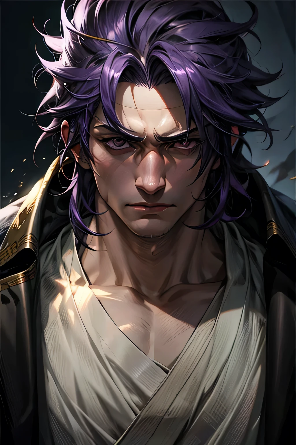 (masterpiece, 最high quality:1.2),One boy,alone,(Sōsuke Aizen),close,Cool pose,bleach, Powerful aura, Purple aura,8k,64k, High resolution, unparalleled masterpiece, Dynamic Lighting, Cinematic, amazing, (Upper body portrait)、masterpiece, 最high quality, high quality, High resolution,