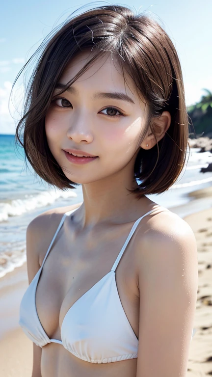 (((A loose, fluffy hairstyle with shoulder-length brown mini bob)))、(((Hawaiian beach background)))、(((Posing like a model at a hair salon)))、(((Wearing a white micro bikini)))、Close-up of face、Half Japanese, half Korean、18 year old girl、Standing Alone、Looking forward、Light eye makeup、Brown Hair Color、Flat and 、Hair blowing in the wind、Actress Quality、Glossy, ultra-realistic face、Smiling face、Watery eyes、Gazing Up、Subtle lighting effects、 Ultra-Realistic Capture、Very detailed、High resolution 16K close up of human skin。Skin texture must be natural、The details must be such that pores can be clearly seen、The skin is healthy、Uniform tone、Use natural light and colors、High quality images taken by a model agency&#39;s exclusive photographer、smile、(((SIGMA 300 mm F/2.8,1/1000 sec shutter,ISO 400)))
