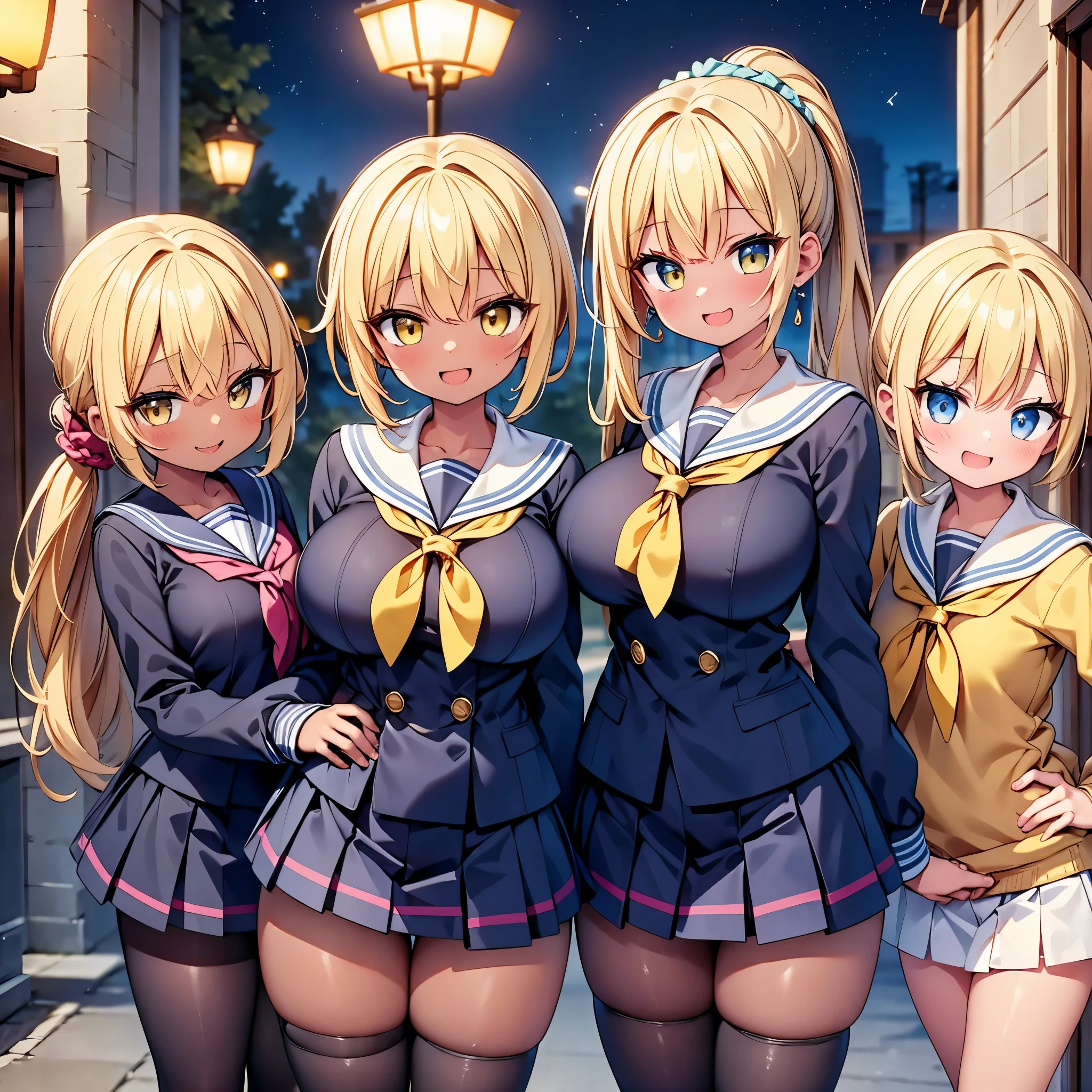 highest quality,wonderful,finely,extremely detailed CG Unity 8K wallpaper, (Stand in line:1.4), (5 girls, cute eyes, sailor uniform, clothed,blonde, Yellow Eyes, Low Ponytail, Scrunchie, Earrings、Wicked Smile), (Grin:1.1), ((Brown Skin:1.2)), (huge breasts), (open mouth:1.1), (long tongue:1.1), (mouth drool:1.1), (black stockings:1.1),(Thighs:1.1),(Waistline:1.1)