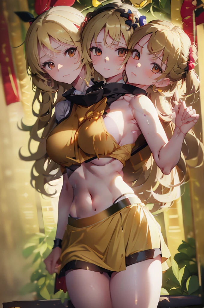 (masterpiece, best quality), best quality, (ultra-detailed), (3heads:1.5), 1girl, (okina matara:1.3), masterpiece, best quality, ultra quality, ultra resolution, ultra detail, yellow-orange top, crop top, ((stomach)), midriff, ((groin)), green skirt, normal ears, shackles, blonde hair, very long hair, wavy hair, sidelocks, yellow eyes, parted lips, open belly, sweat, very cute, toned belly, hand on own chest, eyelashes, (27 year old woman:1.3), (masterpiece:1.5), (best quality:1.5), (beautiful detailed), extremely detailed CG, extremely delicate and beautiful, depth of field, (finely detailed face), (perfect details:1.2), (mature female:1.3), wide pelvis, slender, large veiny breast, 16k resolution, highres, high quality, high definition, extremely detailed, masterpiece, blonde hair, long hair, alluring presence, braid, short skirt, close up, big tits, young, three-point hat, nsfw,